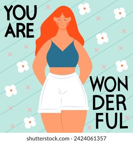 Body positive banner. beautiful girl in summer clothes with red hair. Motivational card. Love for yourself, your body. Self-acceptance.