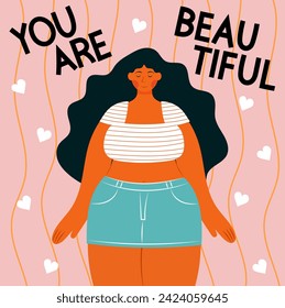 Body positive banner. Cute girl on a pink background. Motivational card. Love for yourself, your body. Self-acceptance.