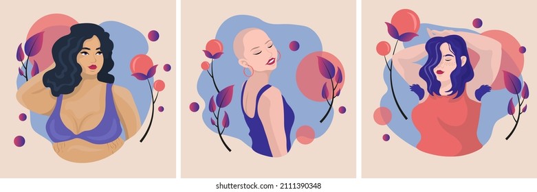 Body positive beautiful different skin color girls with red lips in bra, underwear. Woman with hairy armpits. Happy bald girl. Plus size beauty. Self love, acceptance concept. Vector illustration