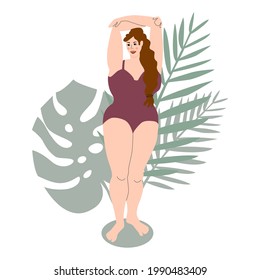 Body positive. Beautiful plus size female figure, feminine shape. Tropical leaves in the background. A girl with long red hair in a bathing suit. Fashion, vector illustration.