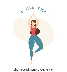 Body positive, beauty and healthy lifestyle concept. Beautiful plus size woman standing in tree pose. Illustration with girl in flat cartoon style. Text I Love Yoga, isolated on white background
