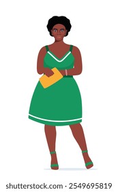 Cuerpo positivo mujer negra. Personaje femenino de talla grande. Atractiva chica con curvas y sobrepeso. Obesidad de gran tamaño, Grande dama bonita con hermosas prendas de moda. Ilustración vectorial