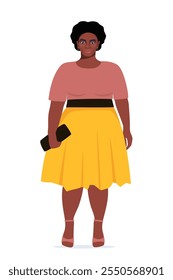 Cuerpo positivo mujer negra. Personaje femenino de talla grande. Atractiva chica con curvas y sobrepeso. Obesidad de gran tamaño, Grande dama bonita con hermosas prendas de moda. Ilustración vectorial