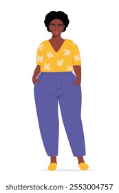 Cuerpo positivo mujer negra. Personaje femenino de talla grande. Atractiva chica con curvas y sobrepeso. Obesidad de gran tamaño, Grande dama bonita con hermosas prendas de moda. Ilustración vectorial