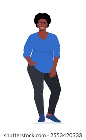 Body positive black woman. Plus size female character. Attractive curvy, overweight girl. Oversize obesity, pretty large lady in beautiful fashionable clothes. Vector illustration