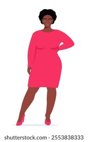 Body positive black woman. Plus size female character. Attractive curvy, overweight girl. Oversize obesity, pretty large lady in beautiful fashionable clothes. Vector illustration