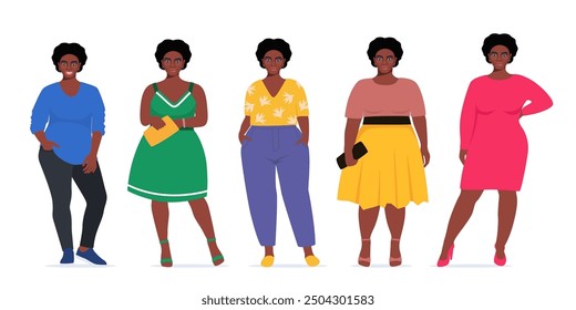 Body positive black women. Plus size female characters, attractive curvy, overweight group. Oversize obesity, pretty large lady. women plus size in beautiful fashionable clothes. Vector illustrations