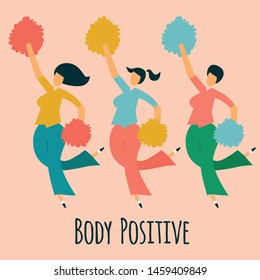 Body positive card with three dancing ladies. Vector illustration. 