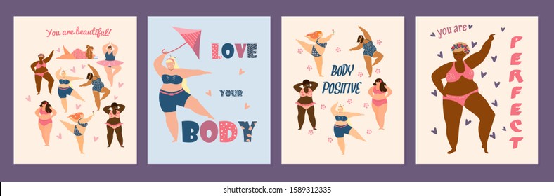 Body positive cards set. Different races plus size women dancing. Self acceptance concept. Flat vector illustration.