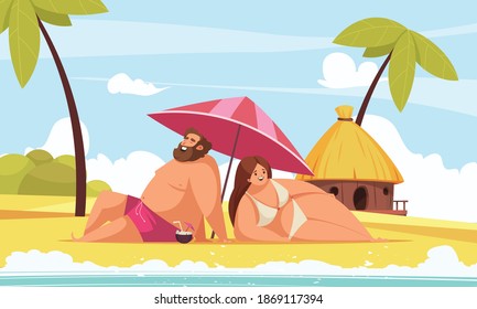 Body positive cartoon background with happy chubby man and woman lying under umbrella on beach vector illustration
