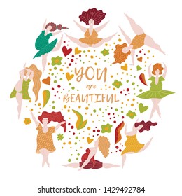 Body positive cheerful girls dancing. Happy plus size womens charakters circle banner with leaf and heart. Beautiful Overwaight girl colored and letter. Vector illustration.