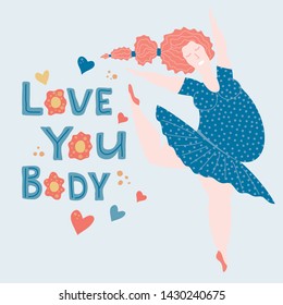 Body positive cheerful girls dancing. Happy plus size womens charakters circle banner with leaf and heart. Beautiful Overwaight girl colored and letter. Vector illustration.