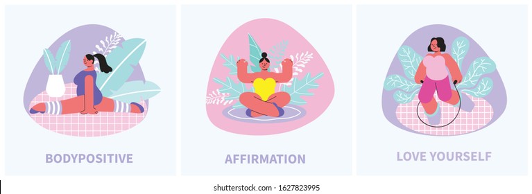 Body positive collection of three square compositions with doodle characters of cheerful women and editable text vector illustration