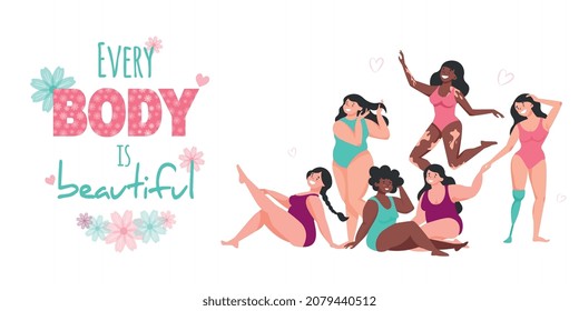 Composición corporal positiva del texto ornamentado con iconos florales y personajes de estilo caricatura de la ilustración vectorial de las mujeres felices