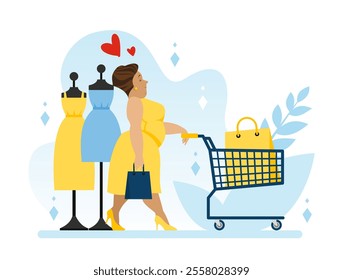 Body is a positive composition for a woman shopping in a large store. She looks great in new clothes and holding shopping bags. Vector illustration in a flat style