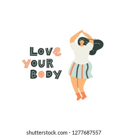 Body positive concept. Accept your body, love your body inscription with female cartoon character. Plus size girl. Body positive movement. Vector illustration.