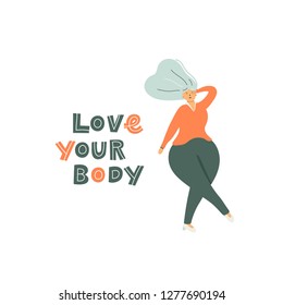 Body positive concept. Accept your body, love your body inscription with elderly female cartoon character. Plus size woman. Body positive movement. Vector illustration.