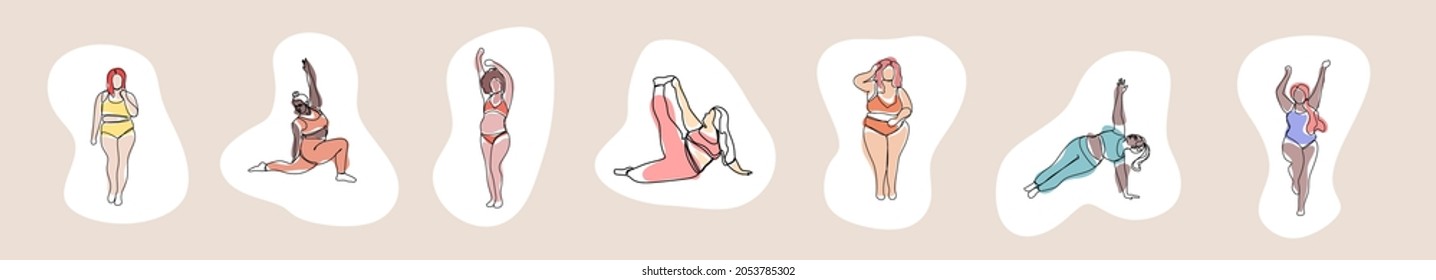 Body positive concept. Beautiful women with different bodies do yoga, sports, fitness. Vector one line illustration for sticker, print, t-shirt, web, banner, poster, postcard.