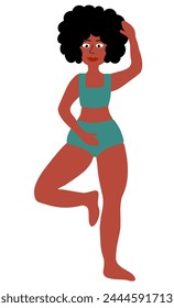 Body positive concept. Black Plus size Woman standing in pose yoga. Girl in green swimsuit. Cartoon flat vector illustration.