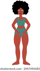 Body positive concept. Black Plus size Woman standing. Girl in green swimsuit. Cartoon flat vector illustration.