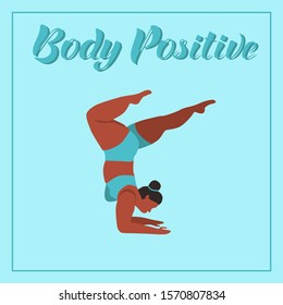 Body positive concept. Curvy woman doing yoga. Plus size model. Flat vector illustration.