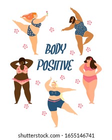 Body positive concept. Different races plus size women dancing in bikini. Self acceptance concept. Postcard. Flat vector illustration.