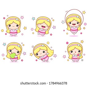 Body positive concept. Fat girl doing fitness. Set of little girls in kawaii style. Happy baby girl and active healthy lifestyle. Vector EPS 8 