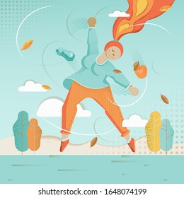 Body positive concept in flat style. Athletic woman performs fitness exercise. Physical education and sports
