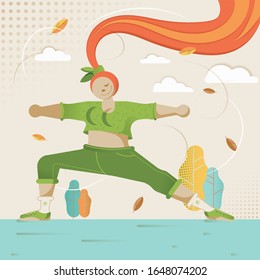 Body positive concept in flat style. Athletic woman performs fitness exercise. Physical education and sports