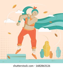 Body positive concept in flat style. Athletic woman performs fitness exercise. Physical education and sports