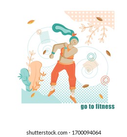 Body positive concept in flat style. Athletic woman performs fitness exercise. Physical education and sports