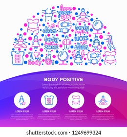Body positive concept in half circle with thin line icons: woman plus size, yoga, bikini, armpit hair, legs hair, mirror, disability. Stickers with quotes. Vector illustration, print media template.