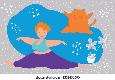 Body positive concept. Happy plus size girl and fat red cat play sports, twine pose. Leads an active healthy lifestyle. Flat vector illustration. Design for banner, poster, sticker, web.