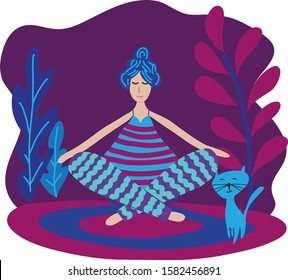 Body positive concept. Happy plus size girl meditate in lotus position. Leads an active healthy lifestyle. Blue cat and plants. Flat vector illustration. Design for banner, poster, sticker, web.