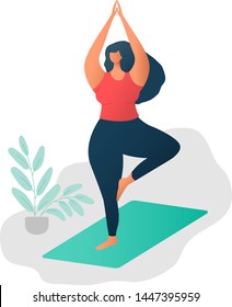 Body positive concept. Happy yoga plus size girl. Attractive overweight woman. For Fat acceptance movement no fatphobia. Beautiful plus size girl in tree pose or Vrikshasana. Yoga and wellness concept