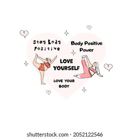 Body positive concept. Love your body. Vector linear illustration with plus size women. Positive illustration for postcards, web, banner, article, print, t-shirt.