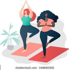 Body positive concept. Multinational friendship. two attractive plus size girls friends doing yoga together. Beautiful overweight women. For Fat acceptance movement no fatphobia. Yoga studio concept