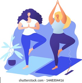 Body positive concept. Multinational friendship. two attractive plus size girls friends doing yoga together. Beautiful overweight women. For Fat acceptance movement no fatphobia. Yoga studio concept