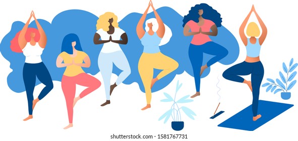 Body positive concept. Multinational friendship. two attractive plus size girls friends doing yoga together. Yoga wellness concept. Beautiful overweight women. For Fat acceptance movement no fatphobia