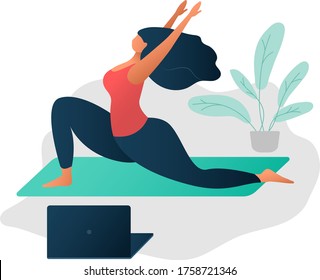 Body positive concept. on-line Yoga and wellness concept. Happy yoga plus size girl. Attractive overweight woman. For Fat acceptance movement no fatphobia. Beautiful plus size girl in yoga pose