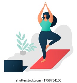 Body positive concept. on-line Yoga and wellness concept. Happy yoga plus size girl. Attractive overweight woman. For Fat acceptance movement no fatphobia. Beautiful plus size girl in yoga pose