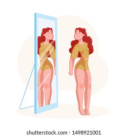 Body Positive Concept. Plus Size Young Woman In Home Suit Looking In Mirror With Smile. Happy Curve Girl In Lingerie. Vector Cartoon Character Illustration