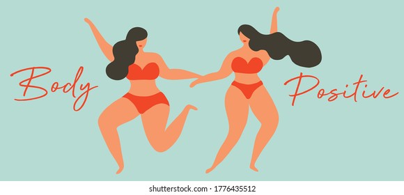 Body positive concept, plus size women dancing, body acceptance vector illustration 