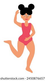 Body positive concept. Plus size Woman standing in pose yoga. Girl in pink swimsuit. Cartoon flat vector illustration.