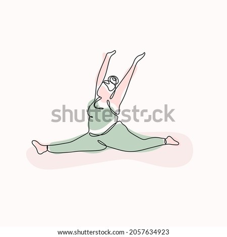 Body positive concept. Plus size girl does yoga. The girl is doing stretching. Vector one line illustration for print, textiles, logo, t-shirt, web, articles.