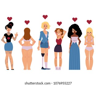 Body positive concept set with young beautiful women with different features of appearance isolated on white background. Cartoon female characters loving their bodies, vector illustration.