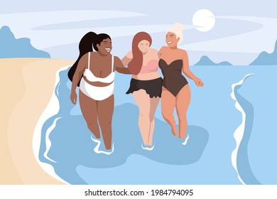 Body Positive Concept. In Summer, Three Beautiful And Happy Girlfriends In Swimsuits Walk Along The Beach By The Sea. Women Are Plus Size Models. Love Your Body.