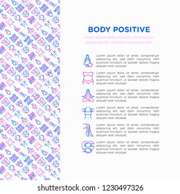Body positive concept with thin line icons: woman plus size, yoga, bikini, armpit hair, legs hair, mirror, disability. Stickers with quotes. Vector illustration, print media template.
