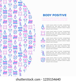 Body positive concept with thin line icons: woman plus size, yoga, bikini, armpit hair, legs hair, mirror, disability. Stickers with quotes. Vector illustration, print media template.