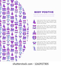 Body positive concept with thin line icons: woman plus size, yoga, bikini, armpit hair, legs hair, mirror, disability. Stickers with quotes. Vector illustration, print media template.